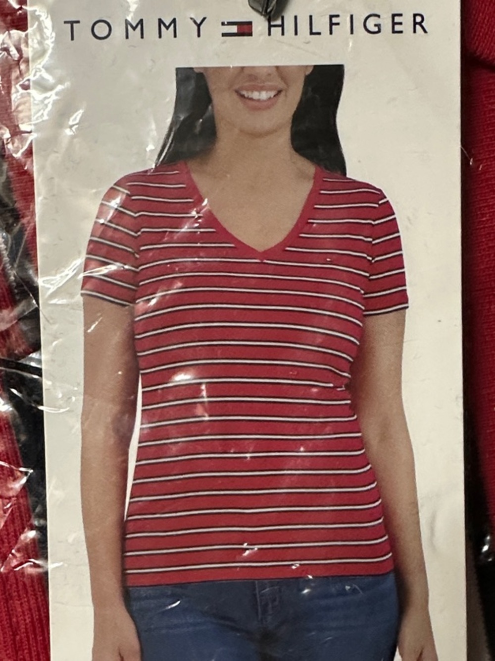 Tommy Hilfiger Red, White & Navy Striped V-Neck Short Sleeve Tee
